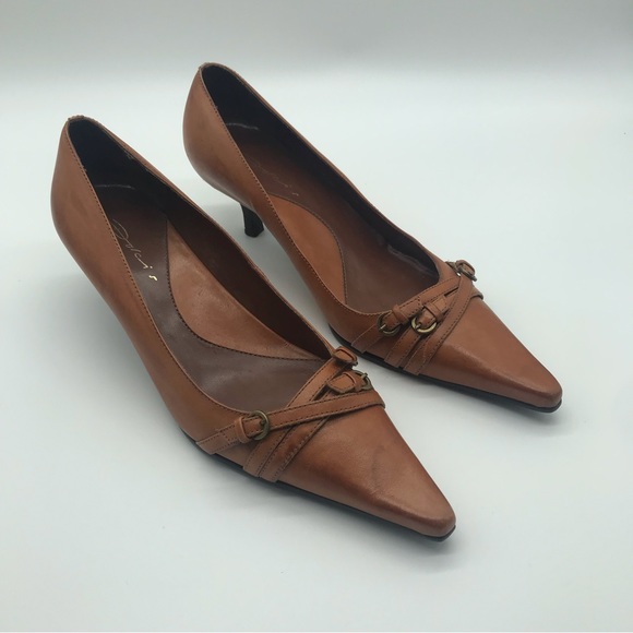 Dolci Pointed Brown Toe Leather Buckle Strap Stiletto Pump Kitten Heel Shoe Sz 4 - Picture 2 of 14
